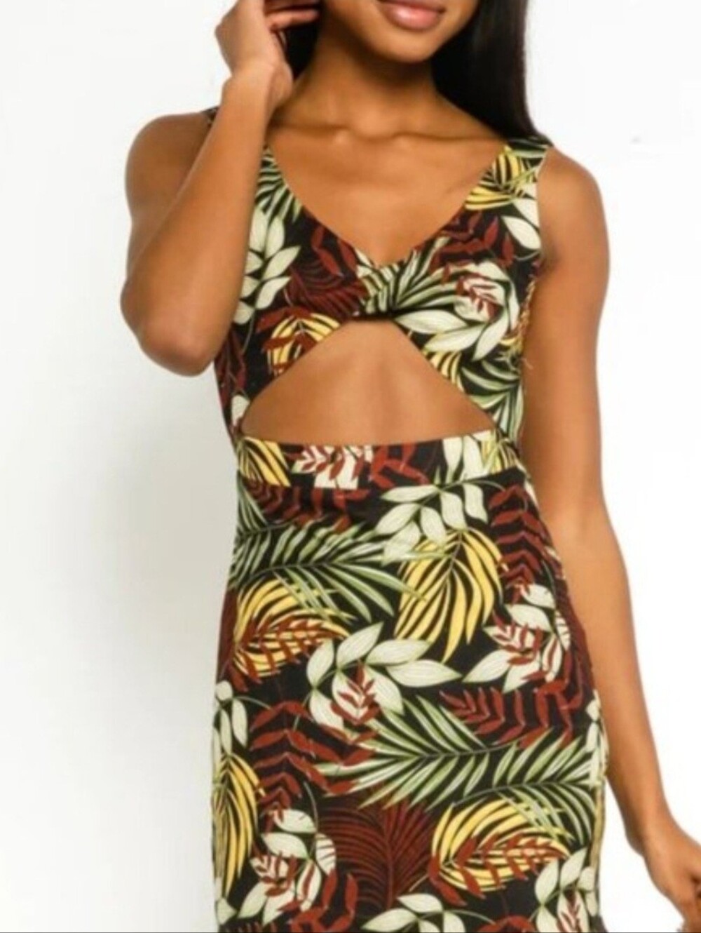 OLIVACEOUS Tropical Leaf Linen Mini Dress Women’s Medium Zip Back Bodycon Palm